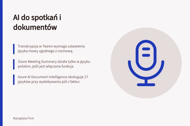 AI do spotkań i dokumentów: Transkrypcja w Teams wymaga ustawienia języka mowy zgodnego z rozmową.; Zoom Meeting Summary działa tylko w języku polskim, jeśli jest włączona funkcja.; Azure AI Document Intelligence obsługuje 27 języków przy wydobywaniu pól z faktur. AI do spotkań i dokumentów