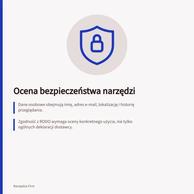 Ocena bezpieczeństwa narzędzi: Dane osobowe obejmują imię, adres e-mail, lokalizację i historię przeglądania.; Zgodność z RODO wymaga oceny konkretnego użycia, nie tylko ogólnych deklaracji dostawcy.; Rola administratora danych zależy od ustalania celu i sposobu przetwarzania. Bezpieczeństwo i prywatność narzędzi