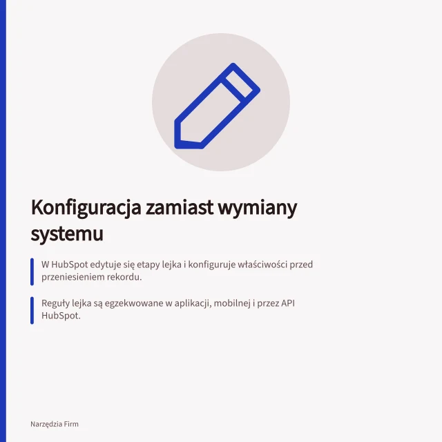 Konfiguracja zamiast wymiany systemu: W HubSpot edytuje się etapy lejka i konfiguruje właściwości przed przeniesieniem rekordu.; Reguły lejka są egzekwowane w aplikacji, mobilnej i przez API HubSpot.; Przed zmianą planu sprawdź, czy funkcja jest dostępna i działa dla zwykłej roli i wyjątku. Decyzja o konfiguracji zamiast wymiany systemu