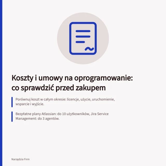Koszty i umowy na oprogramowanie: co sprawdzić przed zakupem: Porównuj koszt w całym okresie: licencje, użycie, uruchomienie, wsparcie i wyjście.; Bezpłatne plany Atlassian: do 10 użytkowników, Jira Service Management: do 3 agentów.; Atlassian: zwrot w 1. miesiącu płatnej usługi po próbie; później brak zwrotów i wymiany. Koszty i umowy na oprogramowanie