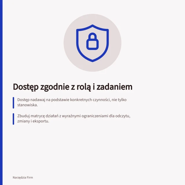 Dostęp zgodnie z rolą i zadaniem: Dostęp nadawaj na podstawie konkretnych czynności, nie tylko stanowiska.; Zbuduj matrycę działań z wyraźnymi ograniczeniami dla odczytu, zmiany i eksportu.; Sprawdź efekt na kontach próbnych – weryfikuj dostęp do spraw zespołów. Nadawanie dostępu zgodnie z rolą