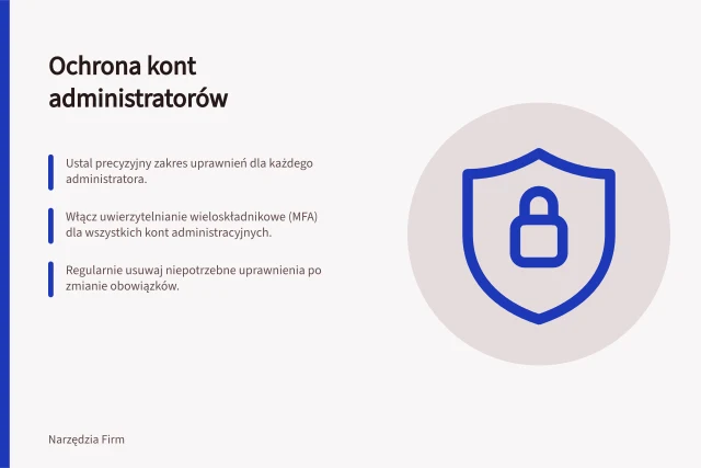 Ochrona kont administratorów: Ustal precyzyjny zakres uprawnień dla każdego administratora.; Włącz uwierzytelnianie wieloskładnikowe (MFA) dla wszystkich kont administracyjnych.; Regularnie usuwaj niepotrzebne uprawnienia po zmianie obowiązków. Ochrona kont administratorów