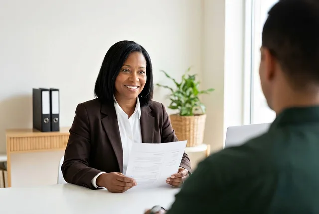 woman, professional, interview, affairs, office, smiling, candidate, document, meeting, desk, diverse, employee, track, hr, manager, business, recruitment, applicant, african american, happy, recruit, employer, ai generated. Oprogramowanie kadrowe i administracyjne
