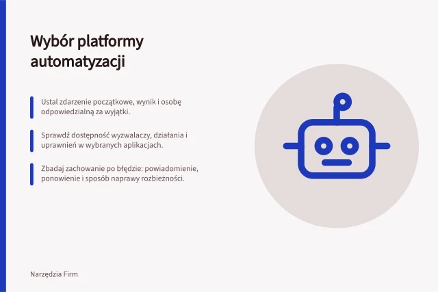 Wybór platformy automatyzacji: Ustal zdarzenie początkowe, wynik i osobę odpowiedzialną za wyjątki.; Sprawdź dostępność wyzwalaczy, działania i uprawnień w wybranych aplikacjach.; Zbadaj zachowanie po błędzie: powiadomienie, ponowienie i sposób naprawy rozbieżności. Platformy automatyzacji