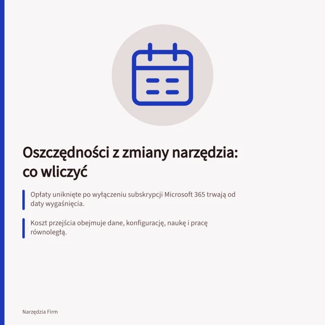 Oszczędności z zmiany narzędzia: co wliczyć: Opłaty uniknięte po wyłączeniu subskrypcji Microsoft 365 trwają od daty wygaśnięcia.; Koszt przejścia obejmuje dane, konfigurację, naukę i pracę równoległą.; Decyzja zależy od warunków: zachowanie danych i obsługi przypadków kluczowych. Jak zestawić oszczędności z kosztem zmiany narzędzia