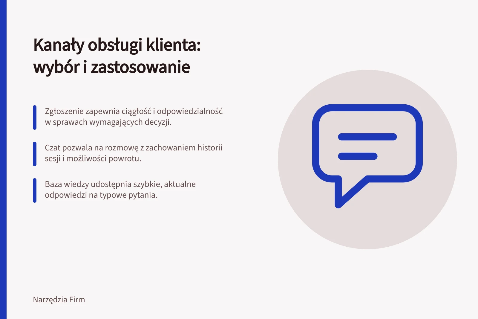 Kanały obsługi klienta: wybór i zastosowanie: Zgłoszenie zapewnia ciągłość i odpowiedzialność w sprawach wymagających decyzji.; Czat pozwala na rozmowę z zachowaniem historii sesji i możliwości powrotu.; Baza wiedzy udostępnia szybkie, aktualne odpowiedzi na typowe pytania.