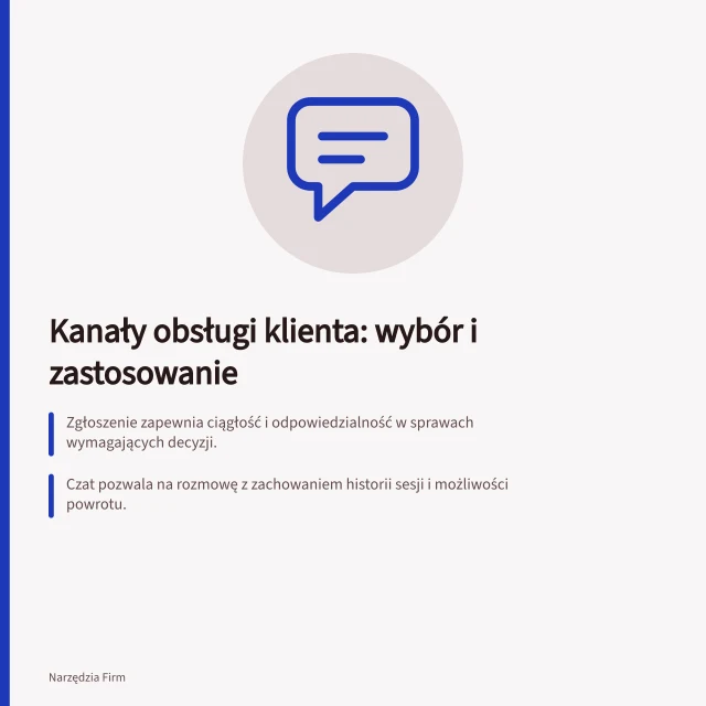 Kanały obsługi klienta: wybór i zastosowanie: Zgłoszenie zapewnia ciągłość i odpowiedzialność w sprawach wymagających decyzji.; Czat pozwala na rozmowę z zachowaniem historii sesji i możliwości powrotu.; Baza wiedzy udostępnia szybkie, aktualne odpowiedzi na typowe pytania. Porównanie zgłoszeń, czatu i bazy wiedzy