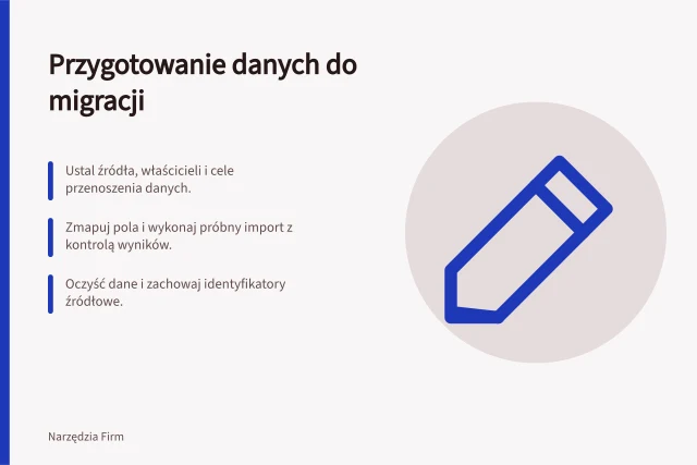 Przygotowanie danych do migracji: Ustal źródła, właścicieli i cele przenoszenia danych.; Zmapuj pola i wykonaj próbny import z kontrolą wyników.; Oczyść dane i zachowaj identyfikatory źródłowe. Przygotowanie danych do migracji