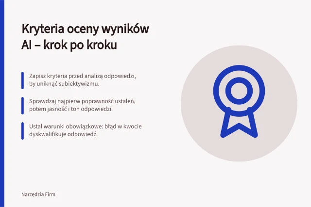 Kryteria oceny wyników AI – krok po kroku: Zapisz kryteria przed analizą odpowiedzi, by uniknąć subiektywizmu.; Sprawdzaj najpierw poprawność ustaleń, potem jasność i ton odpowiedzi.; Ustal warunki obowiązkowe: błąd w kwocie dyskwalifikuje odpowiedź. Przygotowanie kryteriów przed oceną wyników