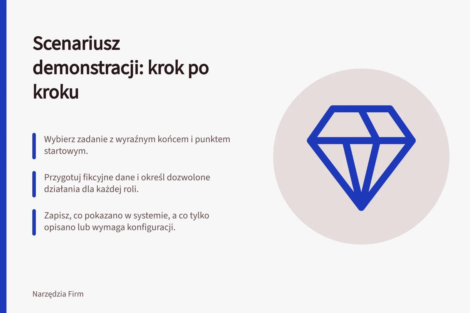 Scenariusz demonstracji: krok po kroku: Wybierz zadanie z wyraźnym końcem i punktem startowym.; Przygotuj fikcyjne dane i określ dozwolone działania dla każdej roli.; Zapisz, co pokazano w systemie, a co tylko opisano lub wymaga konfiguracji.
