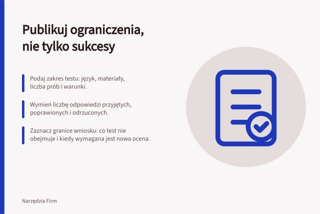 Publikuj ograniczenia, nie tylko sukcesy: Podaj zakres testu: język, materiały, liczba prób i warunki.; Wymień liczbę odpowiedzi przyjętych, poprawionych i odrzuconych.; Zaznacz granice wniosku: co test nie obejmuje i kiedy wymagana jest nowa ocena. Publikowanie ograniczeń zamiast samych sukcesów