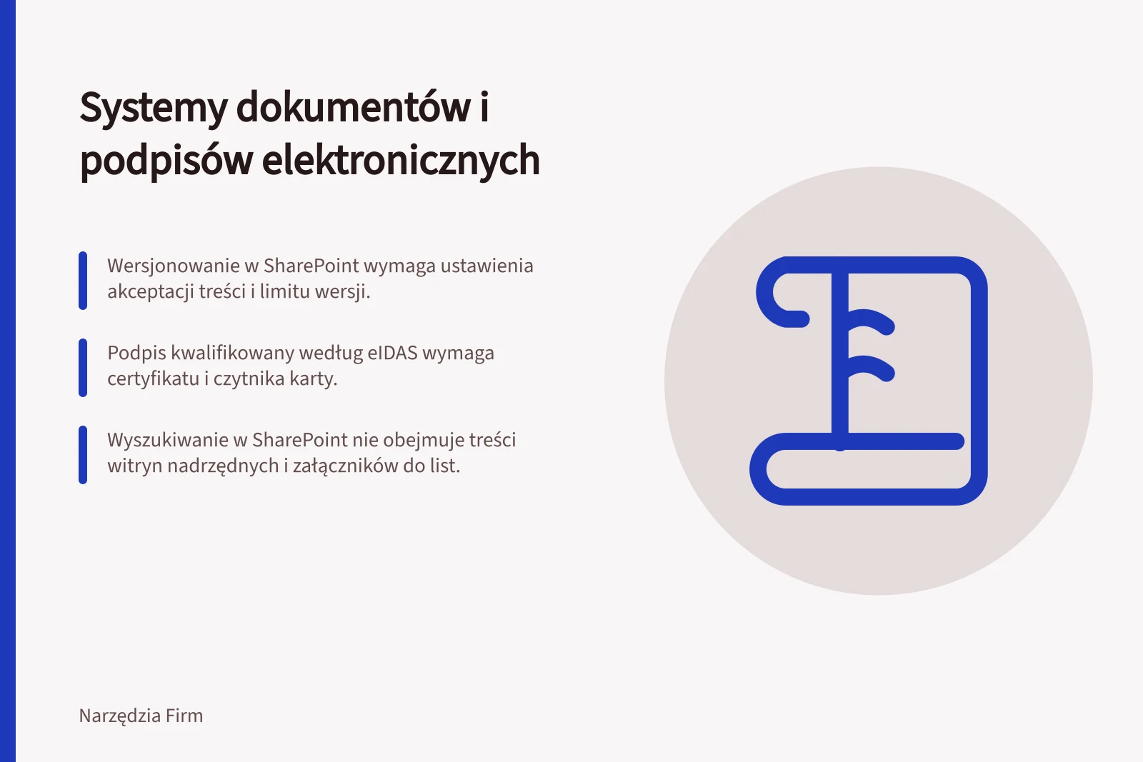 Systemy dokumentów i podpisów elektronicznych: Wersjonowanie w SharePoint wymaga ustawienia akceptacji treści i limitu wersji.; Podpis kwalifikowany według eIDAS wymaga certyfikatu i czytnika karty.; Wyszukiwanie w SharePoint nie obejmuje treści witryn nadrzędnych i załączników do list.