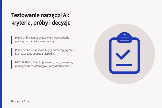 Testowanie narzędzi AI: kryteria, próby i decyzje: Przed próbą zapisz oczekiwany wynik, błędy niedopuszczalne i sposób oceny.; Przed oceną ustal, które błędy odrzucają wynik i kto rozstrzyga sporne przypadki.; NIST AI RMF 1.0: funkcje govern, map, measure, manage; proces iteracyjny, ramy dobrowolne. Testowanie narzędzi AI