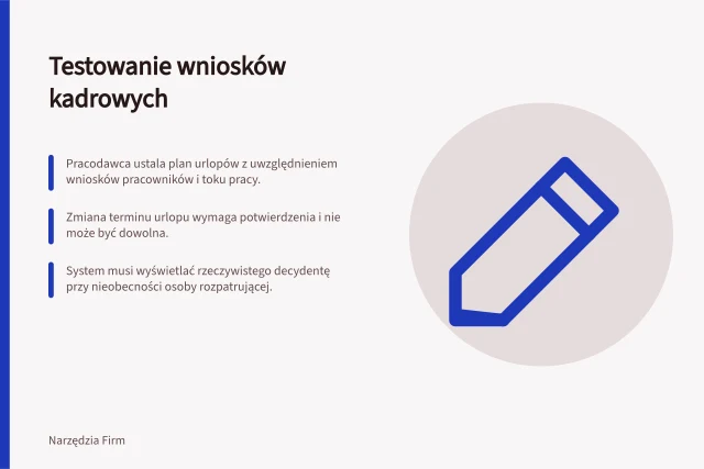 Testowanie wniosków kadrowych: Pracodawca ustala plan urlopów z uwzględnieniem wniosków pracowników i toku pracy.; Zmiana terminu urlopu wymaga potwierdzenia i nie może być dowolna.; System musi wyświetlać rzeczywistego decydentę przy nieobecności osoby rozpatrującej. Testowanie wniosków i zatwierdzeń