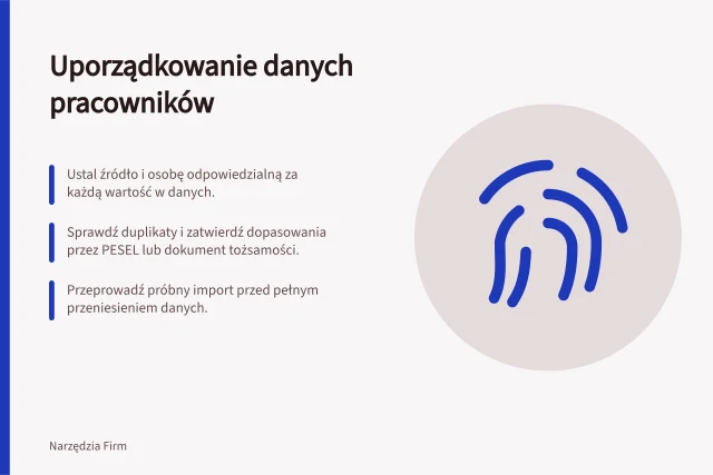Uporządkowanie danych pracowników: Ustal źródło i osobę odpowiedzialną za każdą wartość w danych.; Sprawdź duplikaty i zatwierdź dopasowania przez PESEL lub dokument tożsamości.; Przeprowadź próbny import przed pełnym przeniesieniem danych. Uporządkowanie podstawowych danych pracowników