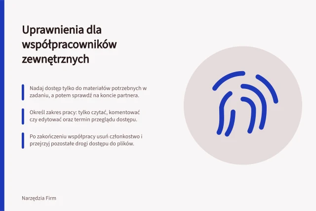 Uprawnienia dla współpracowników zewnętrznych: Nadaj dostęp tylko do materiałów potrzebnych w zadaniu, a potem sprawdź na koncie partnera.; Określ zakres pracy: tylko czytać, komentować czy edytować oraz termin przeglądu dostępu.; Po zakończeniu współpracy usuń członkostwo i przejrzyj pozostałe drogi dostępu do plików. Uprawnienia dla współpracowników zewnętrznych