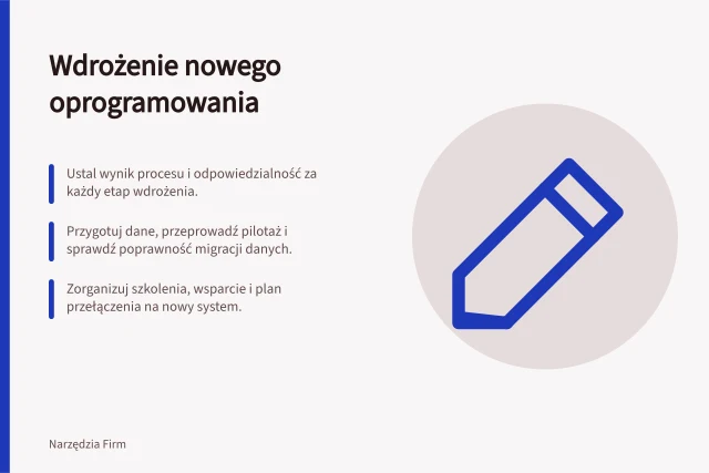 Wdrożenie nowego oprogramowania: Ustal wynik procesu i odpowiedzialność za każdy etap wdrożenia.; Przygotuj dane, przeprowadź pilotaż i sprawdź poprawność migracji danych.; Zorganizuj szkolenia, wsparcie i plan przełączenia na nowy system. Wdrożenie nowego oprogramowania