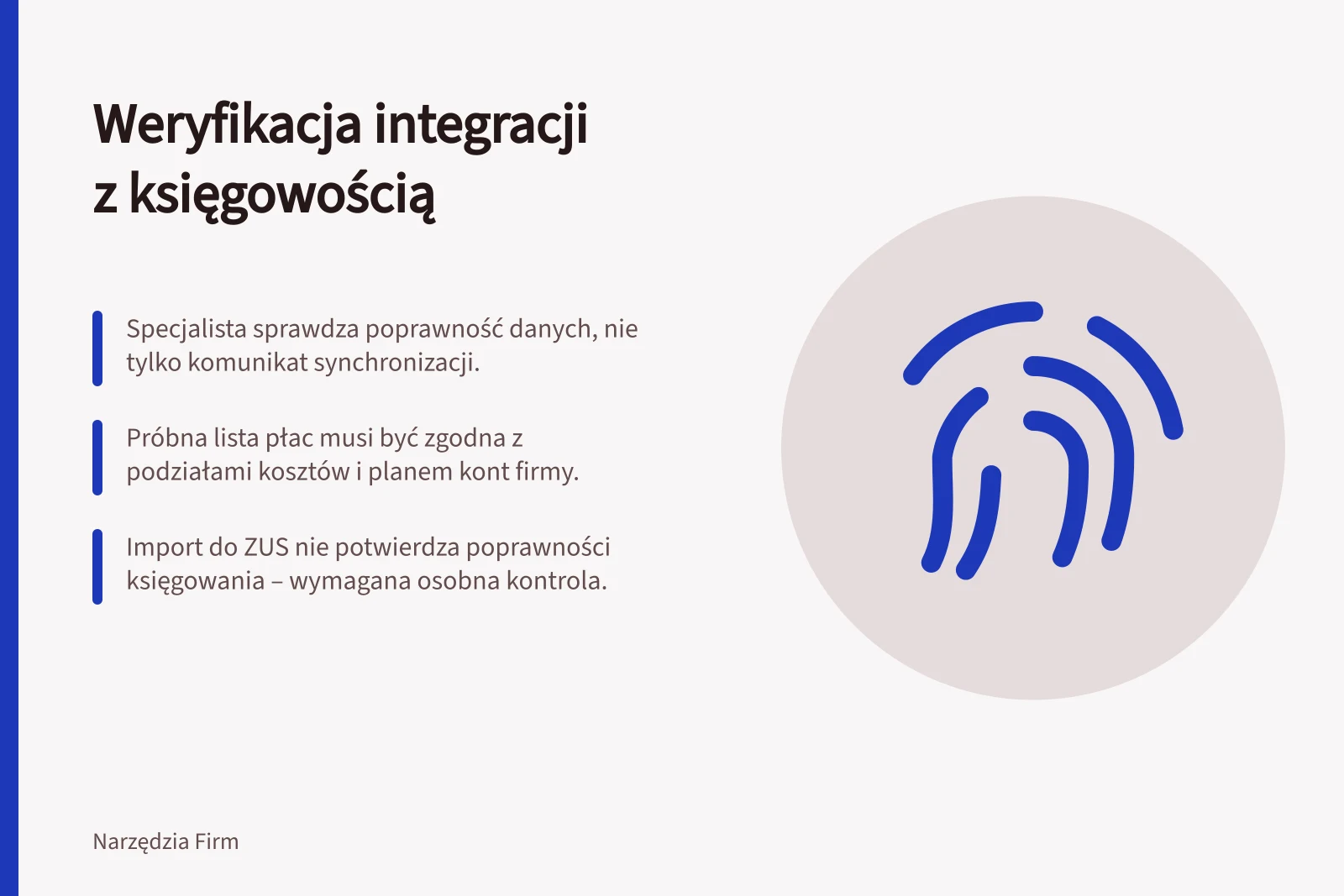 Weryfikacja integracji z księgowością: Specjalista sprawdza poprawność danych, nie tylko komunikat synchronizacji.; Próbna lista płac musi być zgodna z podziałami kosztów i planem kont firmy.; Import do ZUS nie potwierdza poprawności księgowania – wymagana osobna kontrola.