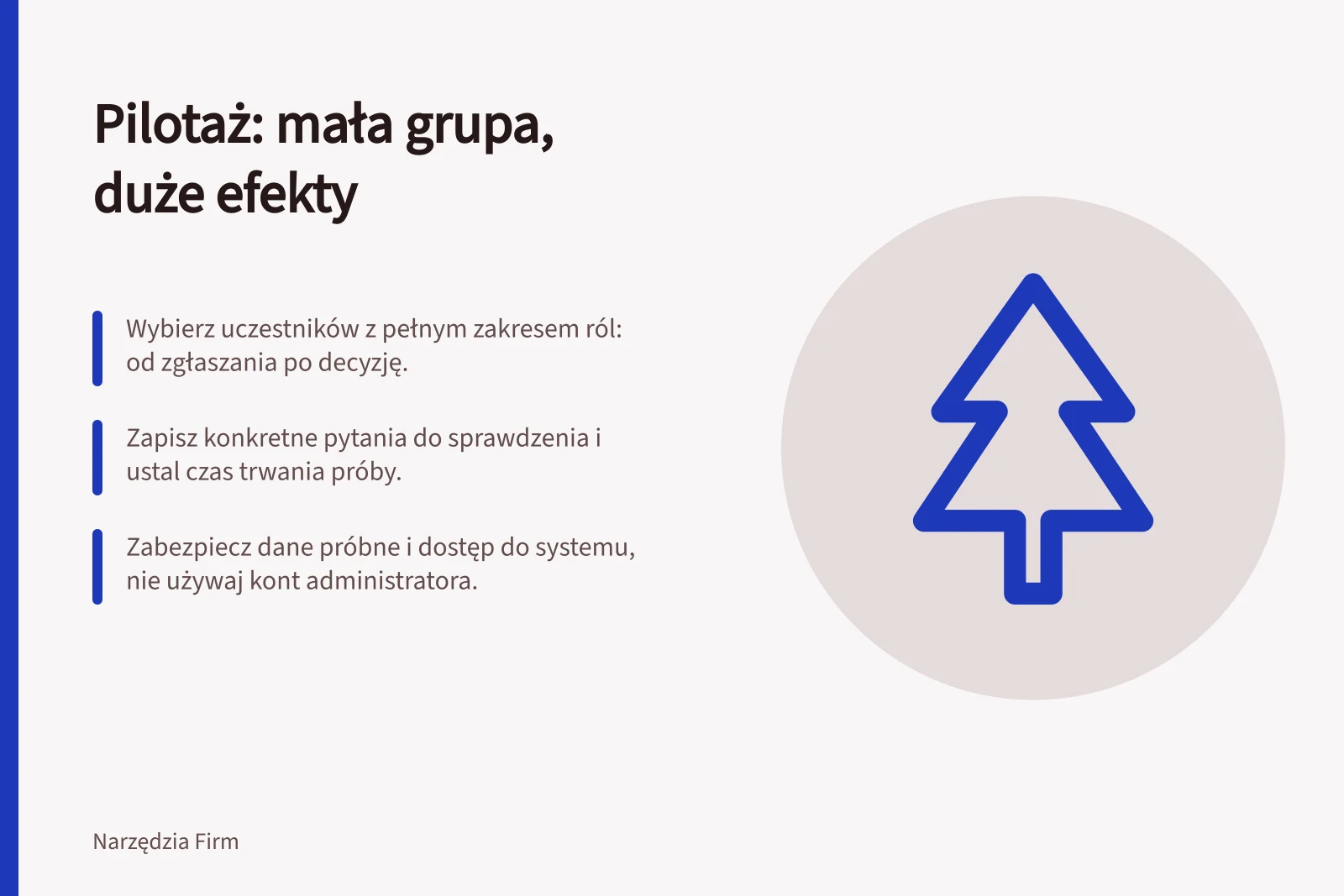 Pilotaż: mała grupa, duże efekty: Wybierz uczestników z pełnym zakresem ról: od zgłaszania po decyzję.; Zapisz konkretne pytania do sprawdzenia i ustal czas trwania próby.; Zabezpiecz dane próbne i dostęp do systemu, nie używaj kont administratora.