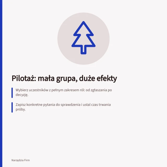 Pilotaż: mała grupa, duże efekty: Wybierz uczestników z pełnym zakresem ról: od zgłaszania po decyzję.; Zapisz konkretne pytania do sprawdzenia i ustal czas trwania próby.; Zabezpiecz dane próbne i dostęp do systemu, nie używaj kont administratora. Wybór niewielkiej grupy pilotażowej