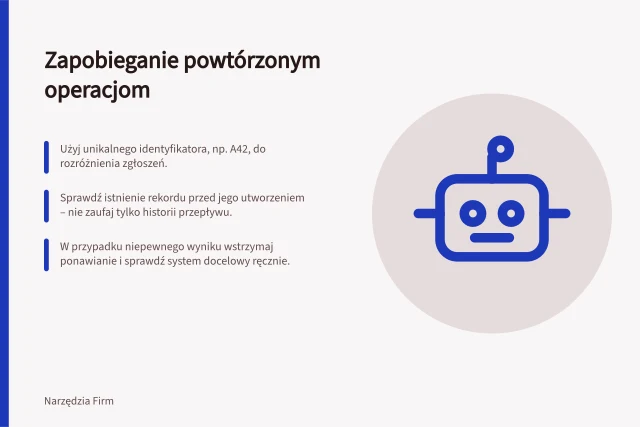 Zapobieganie powtórzonym operacjom: Użyj unikalnego identyfikatora, np. A42, do rozróżnienia zgłoszeń.; Sprawdź istnienie rekordu przed jego utworzeniem – nie zaufaj tylko historii przepływu.; W przypadku niepewnego wyniku wstrzymaj ponawianie i sprawdź system docelowy ręcznie. Zapobieganie powtarzaniu tych samych operacji